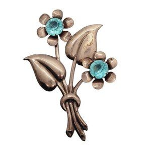 Antique Bouquet Flowers Violets Pansy Crystal Blue Rhinestone Bow Brooch Pin